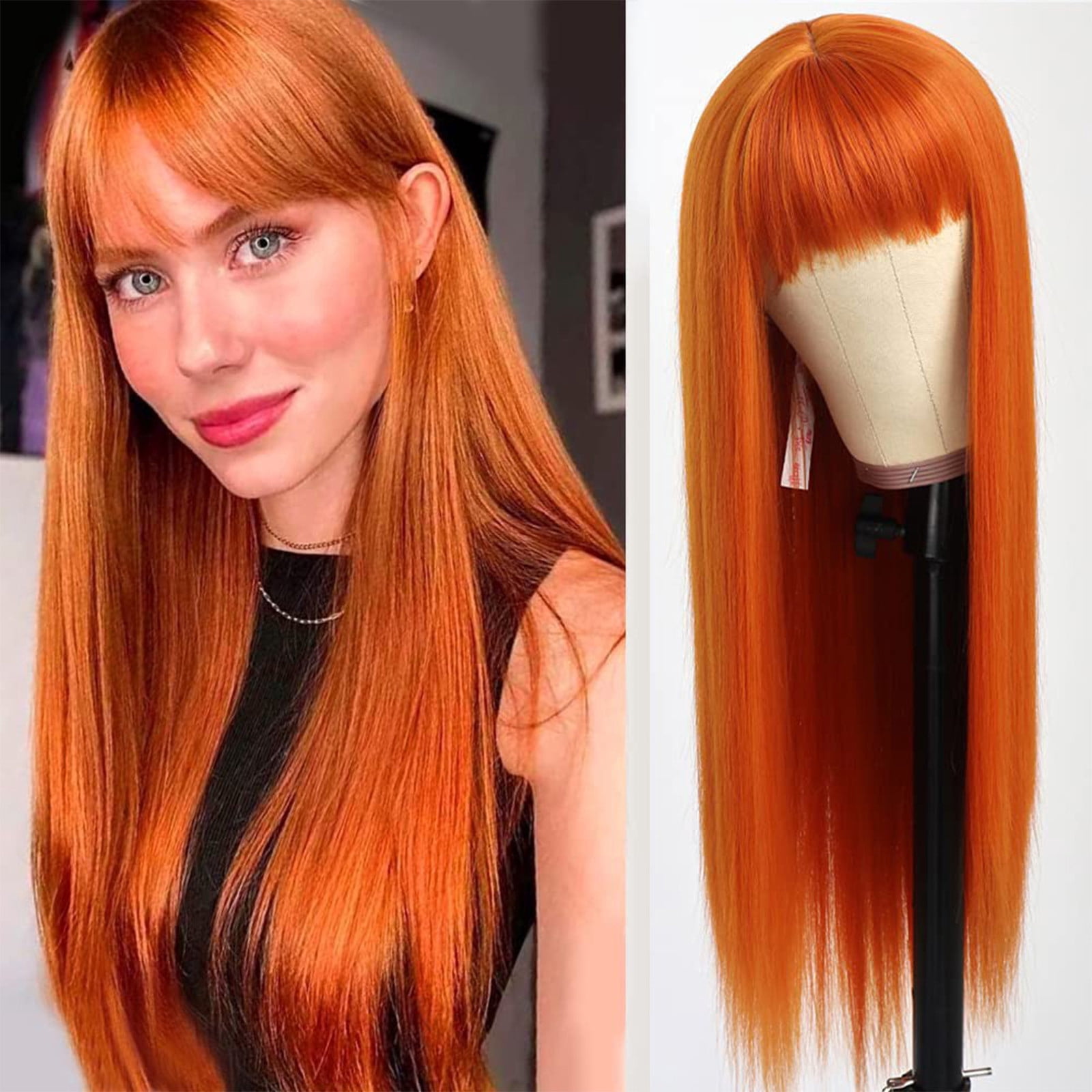 YSGFHGJW Human Hair Wig,Long Straight Wig With Bangs Hair Wig For Women Synthetic Natural Wig ,Various Colors Available,Daily Wear Party And Cosplay Soft Wig,Orange