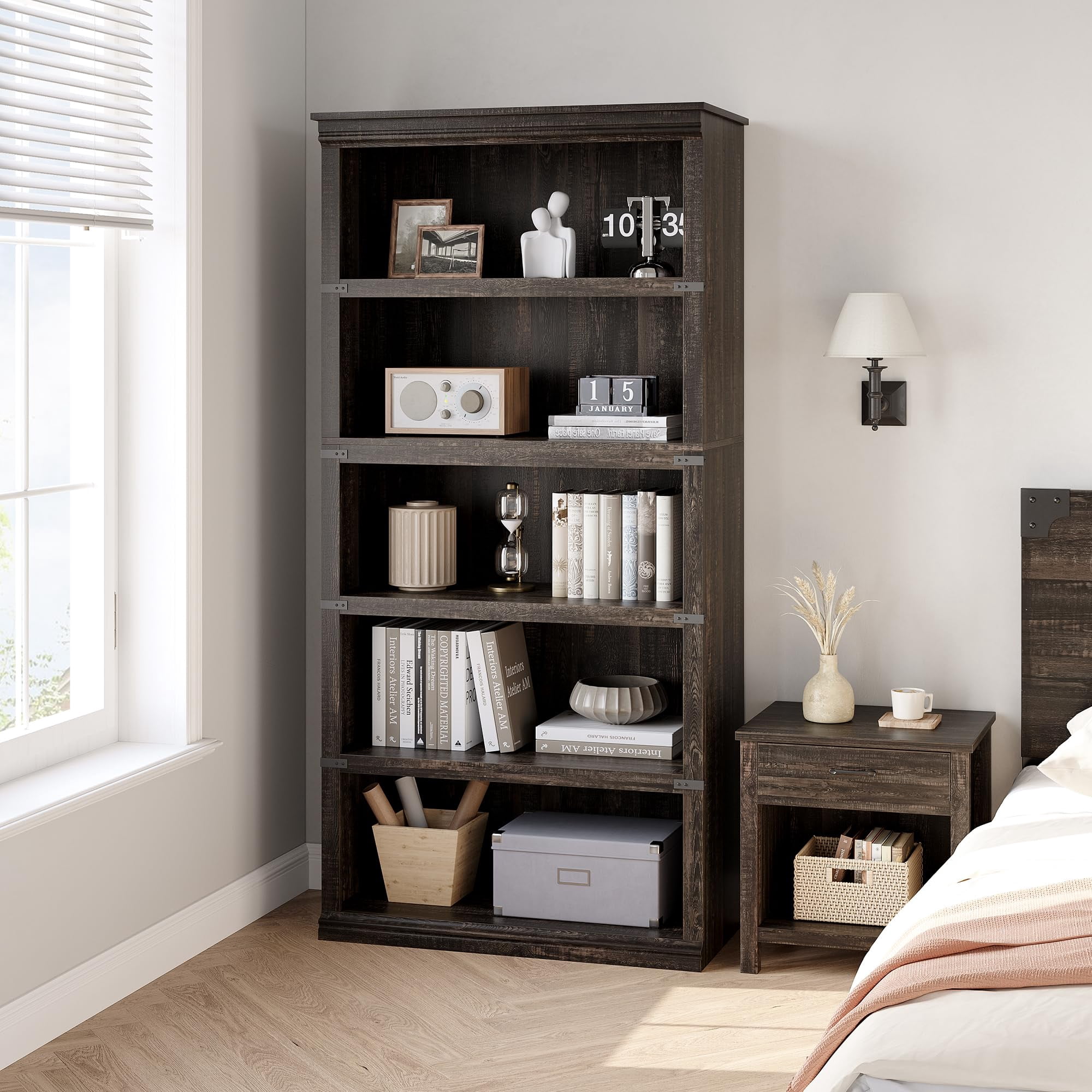5 Tier Bookcase, Farmhouse Book Shelf with Storage Open Display Bookshelves, 67.4" Tall Book Case Wooden 5 Shelf Bookcase Home Decor Furniture for Home Office, Living Room, Bed Room