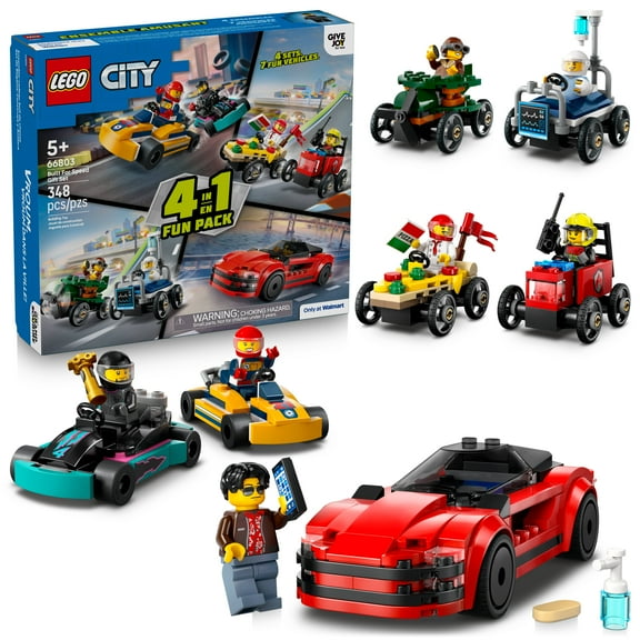 LEGO City Built For Speed Gift Set: Building Toy for Kids, Ages 5  - 4 Sets in 1 Including 7 Minifigures and Vehicles - Gift for Christmas for Young Racing Fans - 66803