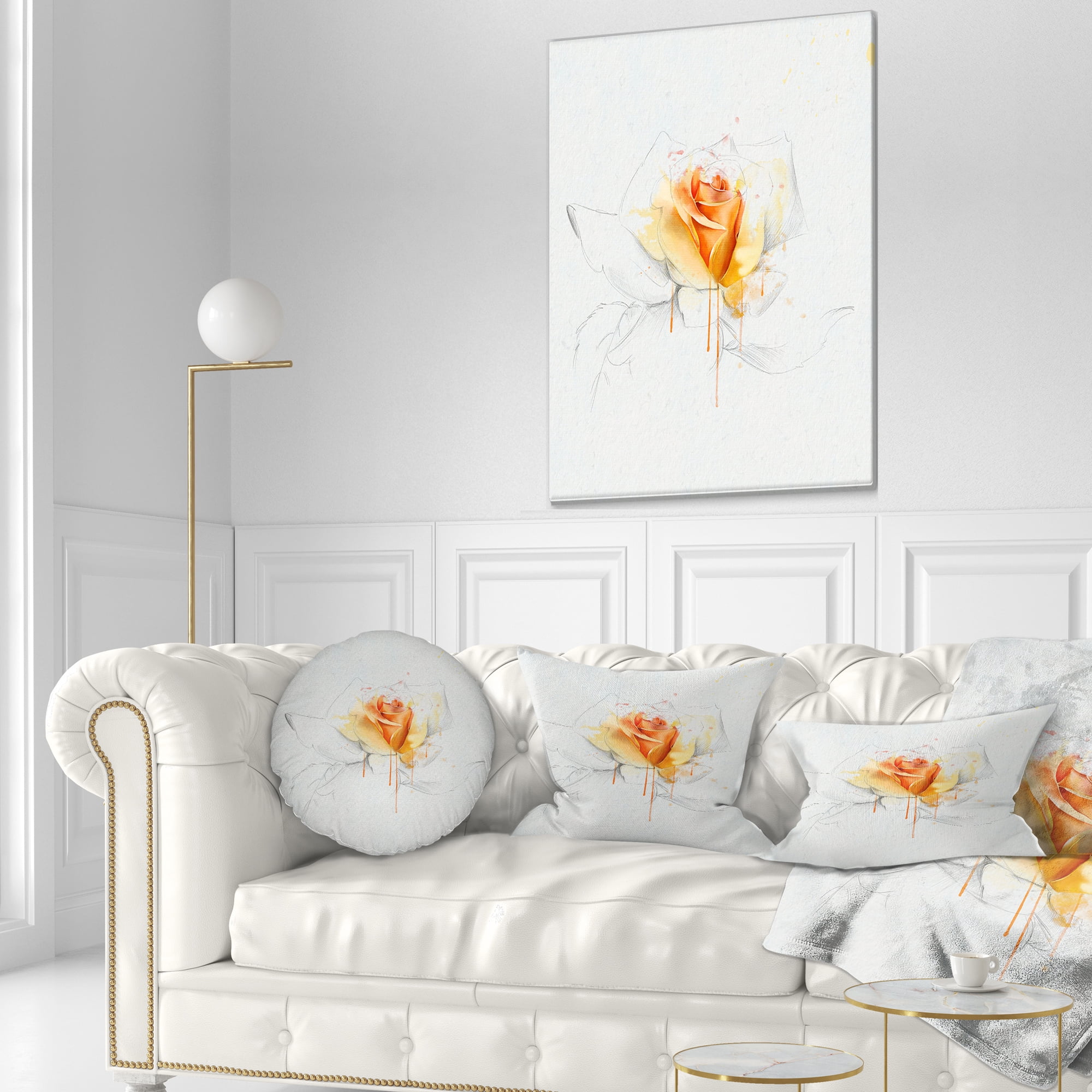 Designart Yellow Rose Sketch on White Back - Flower Throw Pillow - 12x20