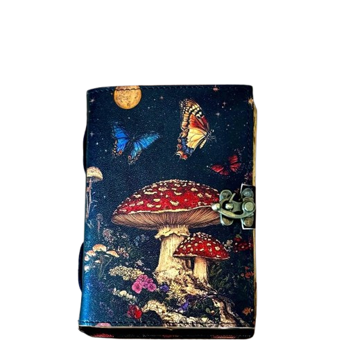 Large Leather Grimoire Journal – Mushroom Print Book of Shadows, 200 Pages Witchcraft Spellbook