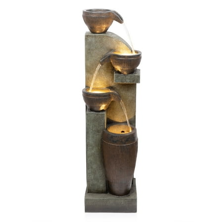 Alpine Corporation 4-Tier Cascading Pot & Bowl Fountain, Polyresin Brown, 11" x 11" x 11"