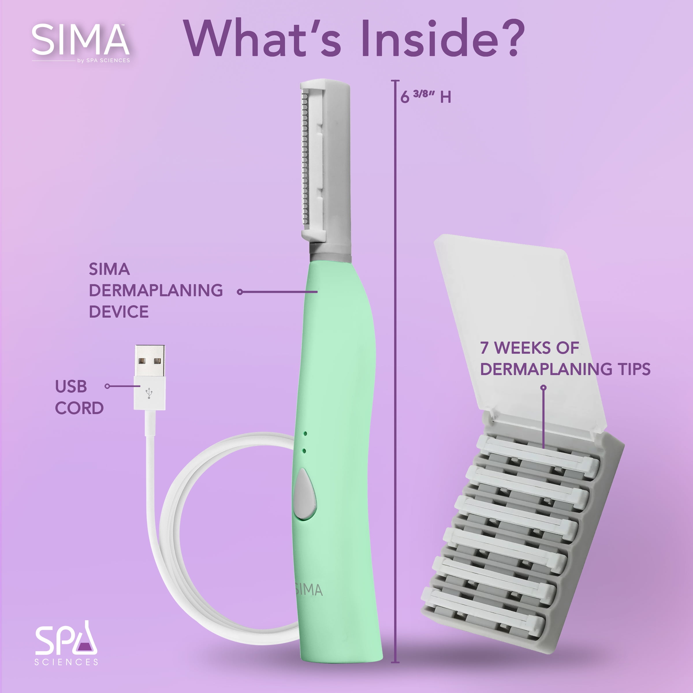 Spa Sciences SIMA Dermaplane Razor – 2-in-1 Exfoliation & Hair Removal, 3 Speeds, 7 Tips, Rechargeable, Compact Stainless Steel, Green