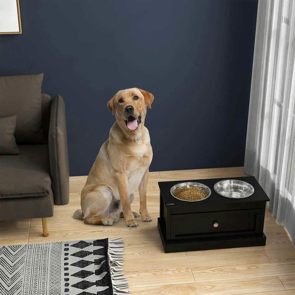 Barara King Pet Feeding Station, Dog Bowls, Elevated Dog Bowls with Storage Drawer, Raised Dog Bowl Stand Pet Food Bowl Dog Feeding Station, Black