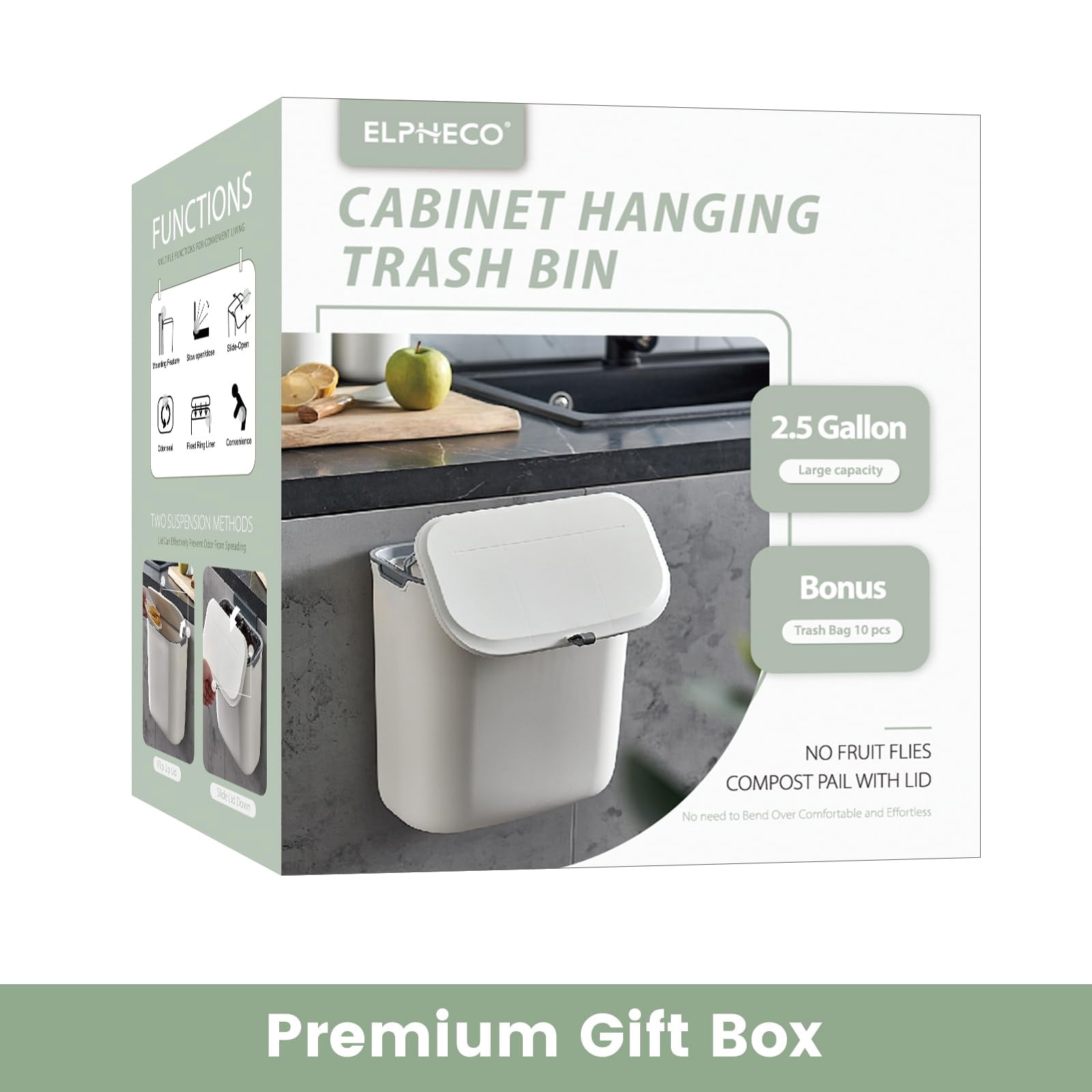 Kitchen Compost Bin, 2.5 Gallon Cabinet Door Hanging Trash Can, Bathroom Wall Sticking Trash Bin, No Fruit Flies Compost Bucket, Under Sink Trash Can Plastic Wall Mounted, White