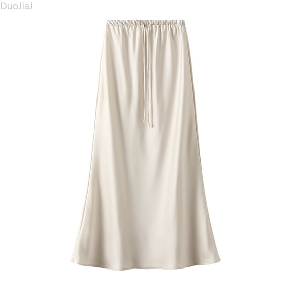 DuoJiaJ Women's Fashion Slimming Fishtail Skirt With Elastic Waist Drawstring Silky Slip Skirts For Women Beige L