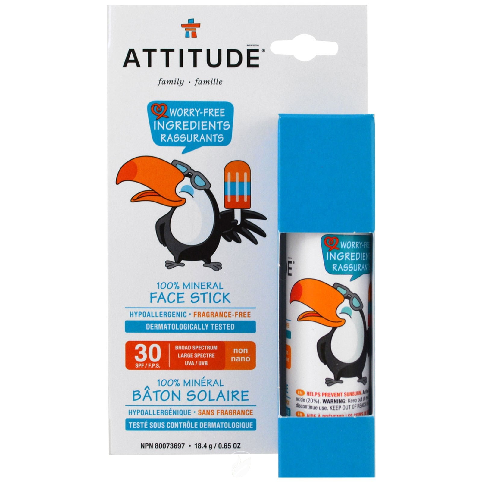 ATTITUDE Natural Care, Hypoallergenic 100% Mineral Face Sunscreen Stick, SPF 30, Fragrance Free, 0.65 oz