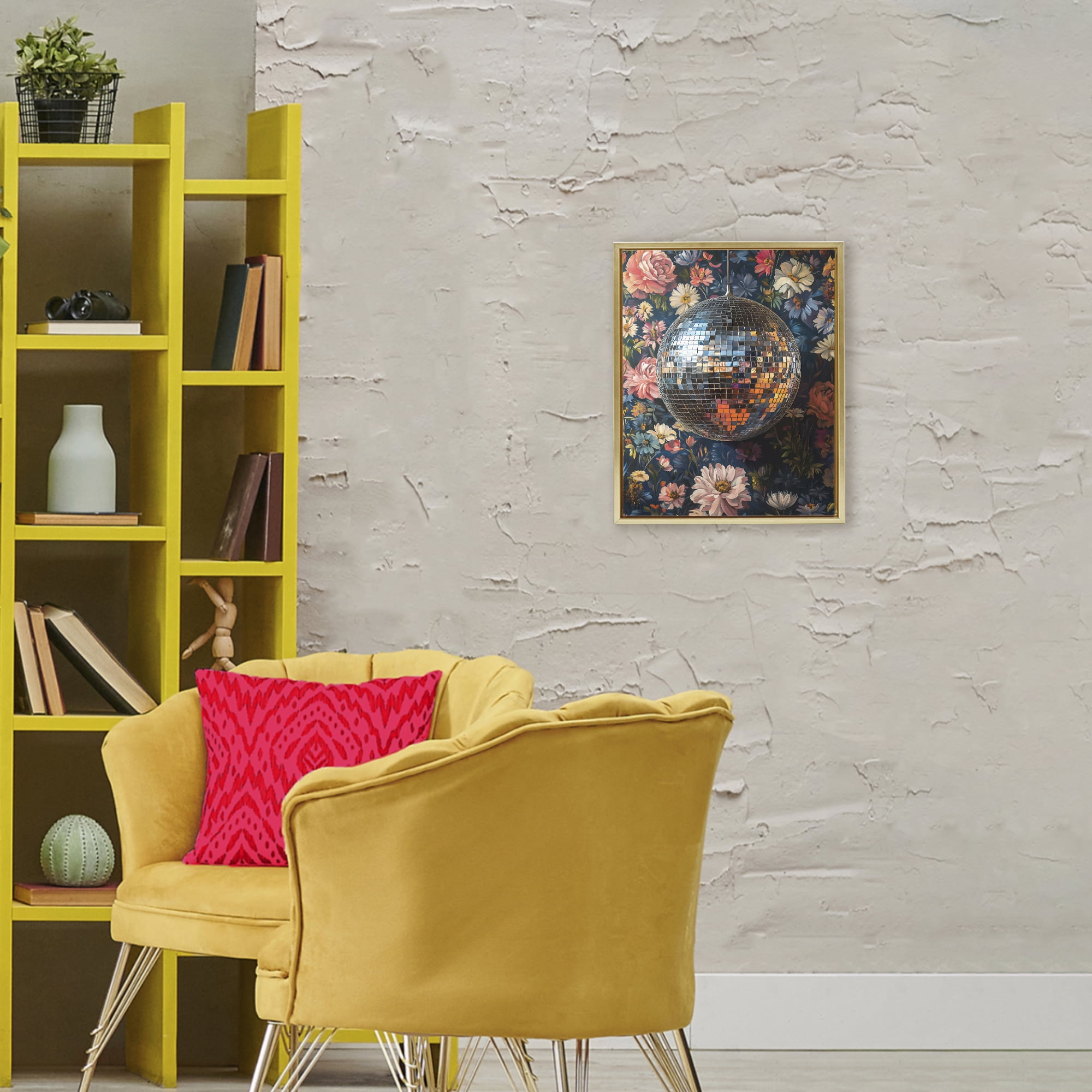 Stupell Industries Floral Disco Ball Reflection Gold Framed Floater Canvas Wall Art, design by LSR Design Studio