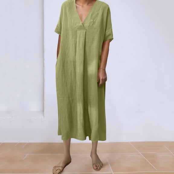 Nmnitkp Womens Dresses Linen Blend V Neck Maxi Dress, Short Sleeve Pleated Front Loose Fit Casual Summer Dresses for Women Beach Vacation & Daily Wear Green,2XL