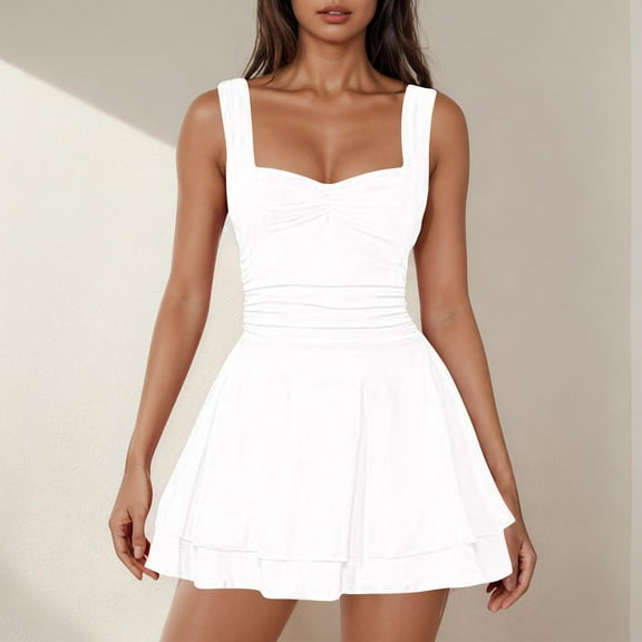 HOMBOM Birthday Dresses for Women White Pleated Mini Fit Flare Solid Tiered Hem Square Neckline Layered Look Dresses