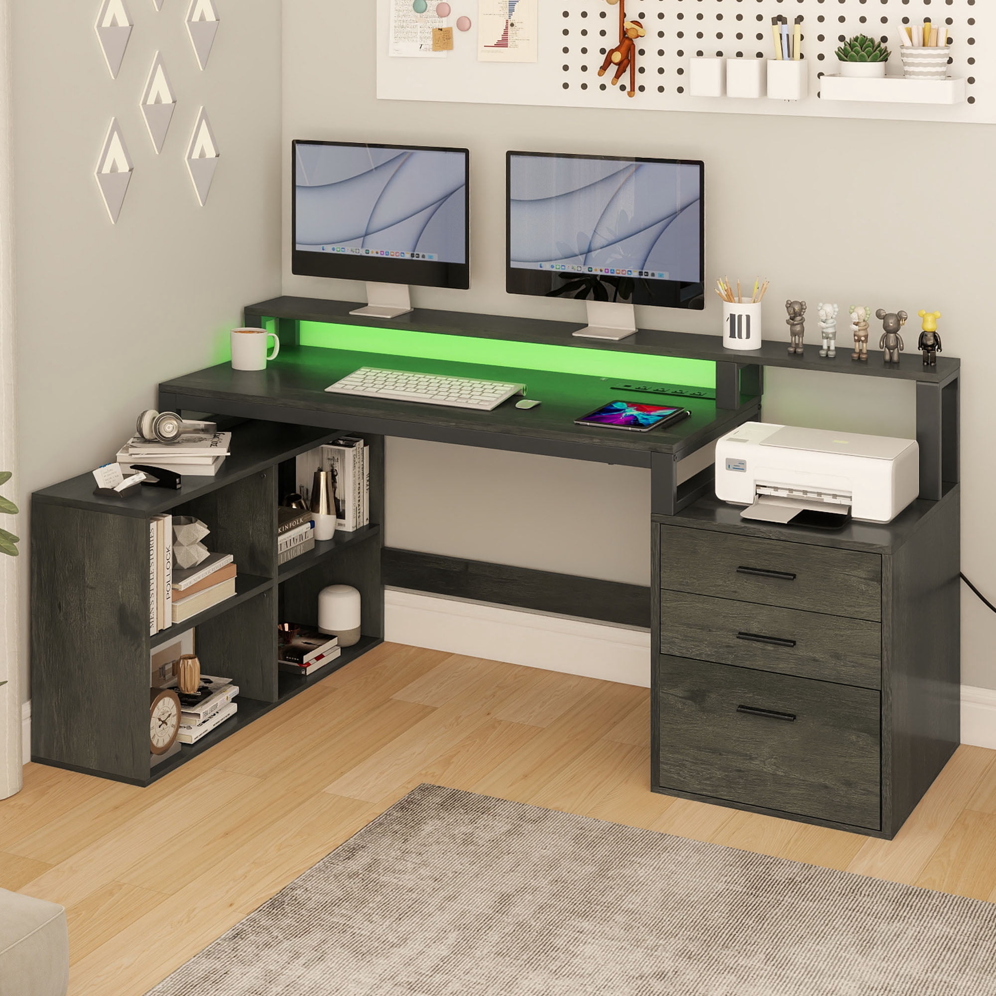 Craftian L-Shaped Desk with USB Ports & LED Light, Modern Computer Desk with Monitor Stand & 3 Drawers, Office Desk Executive desk with Open Storage Shelves, Corner Desk for Home Office, White