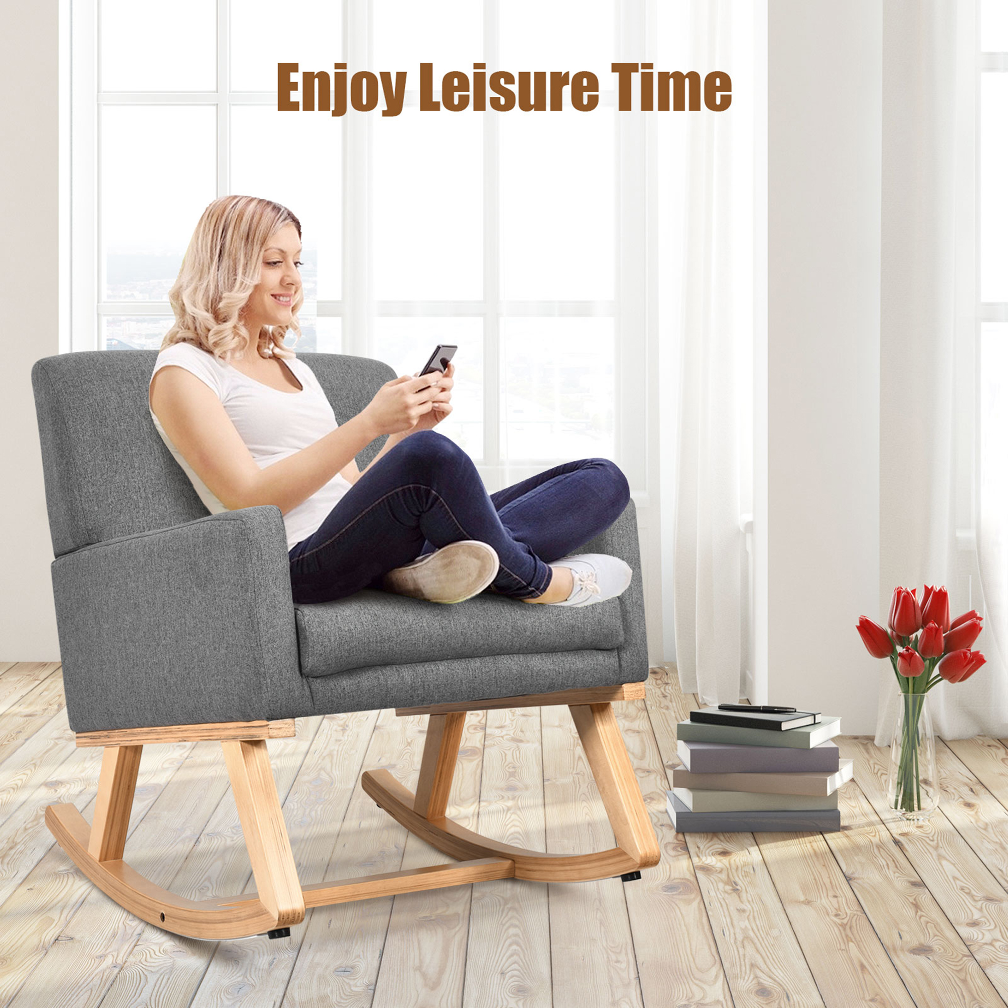 Gymax Mid Century Accent Armchair Fabric Rocking Chair Upholstered Lounge Chair Gray