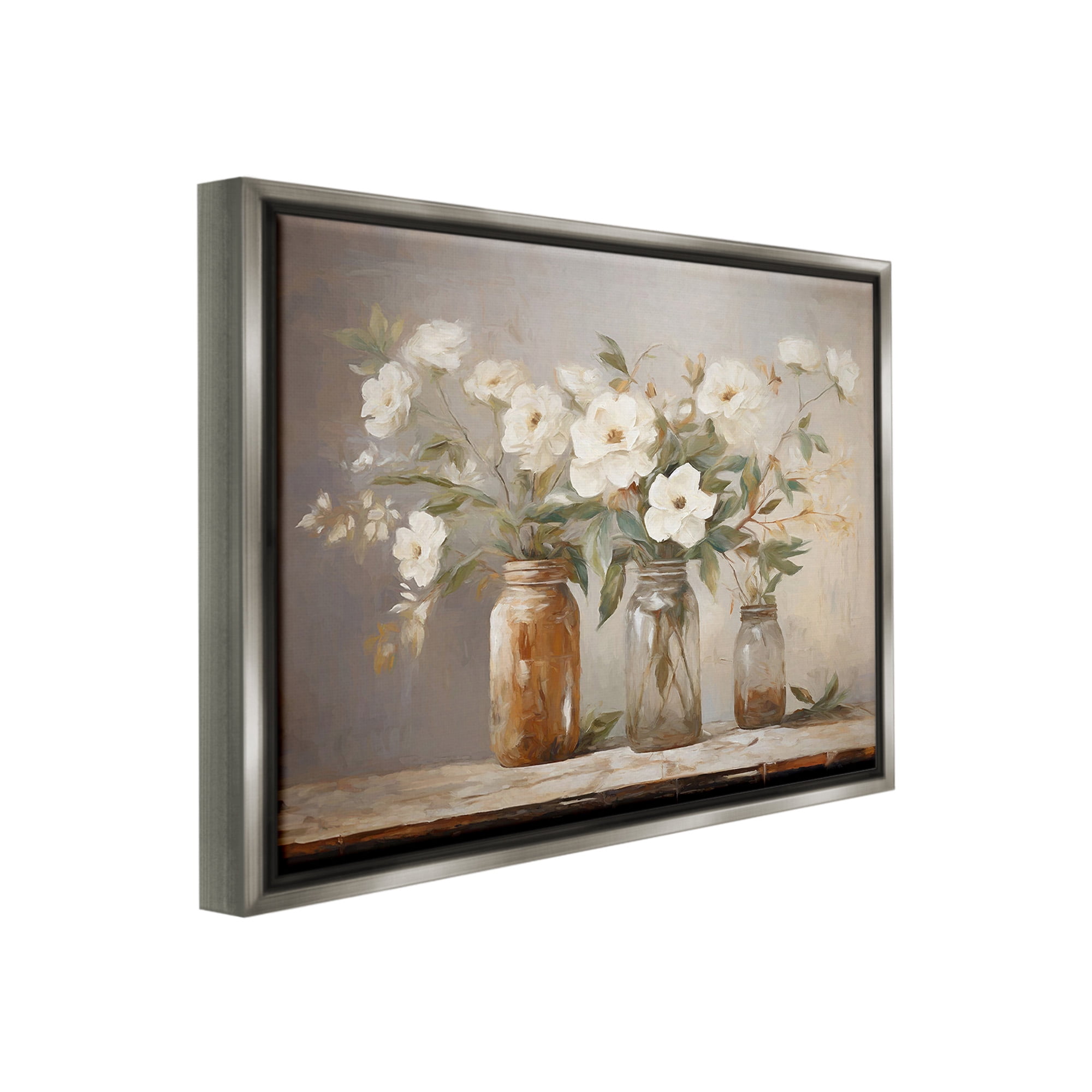 Stupell Industries Vintage Farmhouse Blooms Botanical & Floral Painting Gray Floater Framed Canvas Art Print Wall Art, 31 x 25