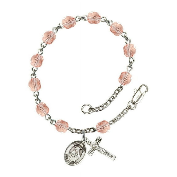 St. Rose of Lima Silver Plate Rosary Bracelet 6mm October Pink Fire Polished Beads Crucifix Size 5/8 x 1/4 medal charm