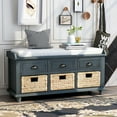thumbnail image 2 of Cfowner Rustic Storage Entryway Bench with 3 Drawers and Rattan Baskets, Solid Wood Shoe Storage Bench with Removable Cushion for Living Room, Entryway, Easy to Assemble, 2 of 7