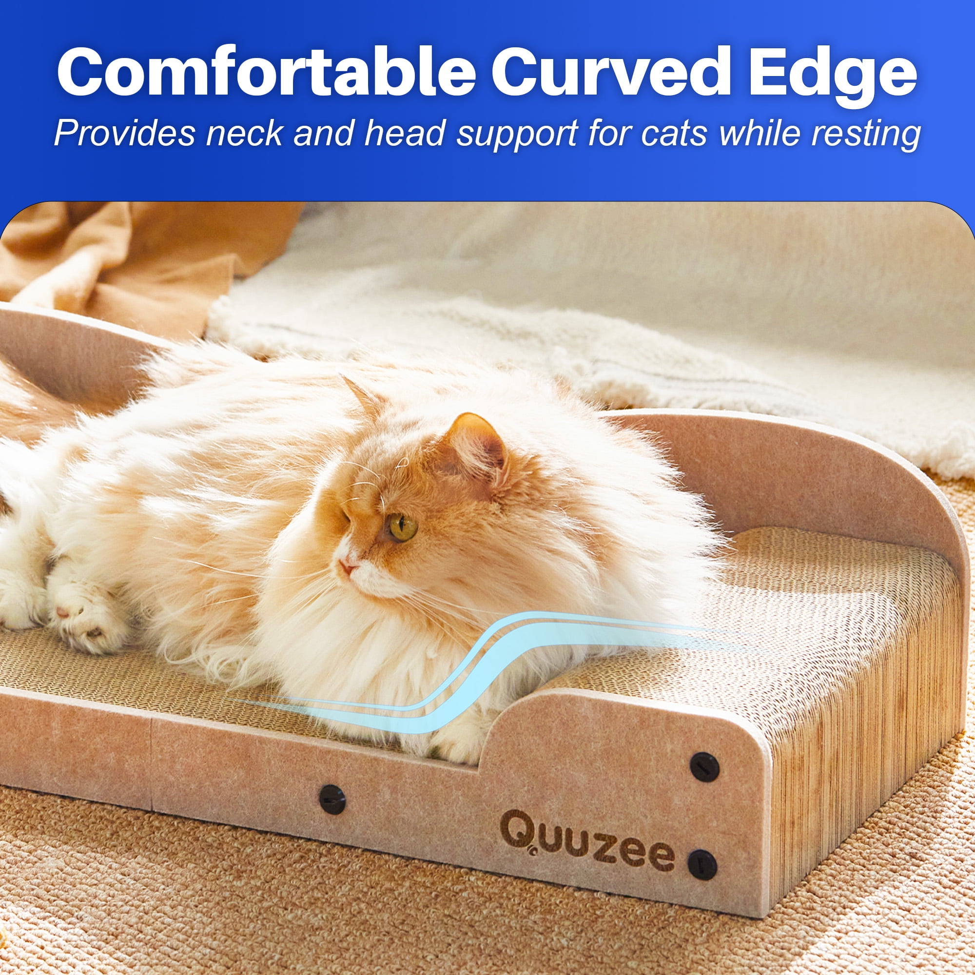 Quuzee 26-Inch Large Cat Scratcher Lounger Bed, Durable Cat Scratching Pad, Cat Scratch Board for Indoor Cats, Corrugated Cardboard Cat Scratcher Bed to Lounge and Scratch, Furniture Protector, Beige