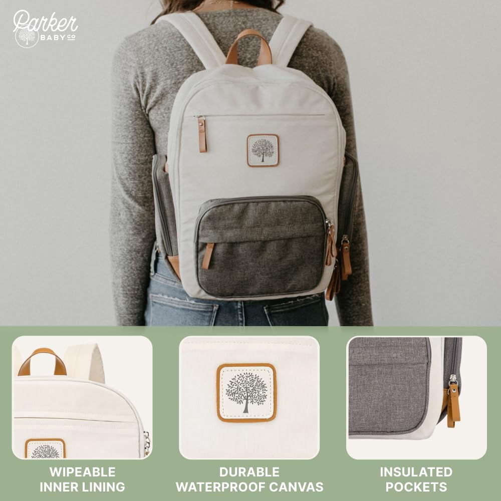 Parker Baby Diaper Backpack - Full Zip Diaper Bag with Insulated Pockets - Cream