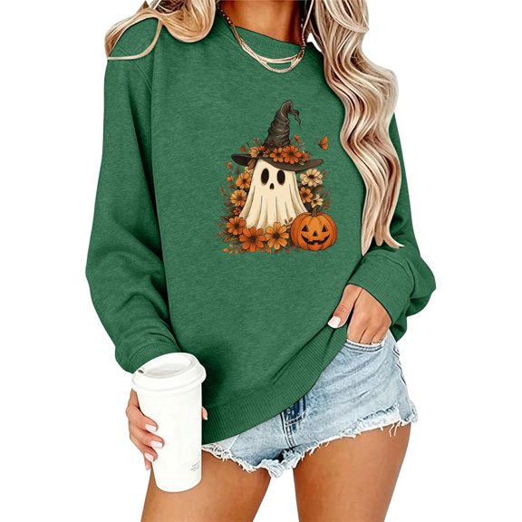 Womens Vintage Halloween Sweatshirt Crewneck Long Sleeve Pullover with Cute Pumpkin Graphic for Fall Spooky Season