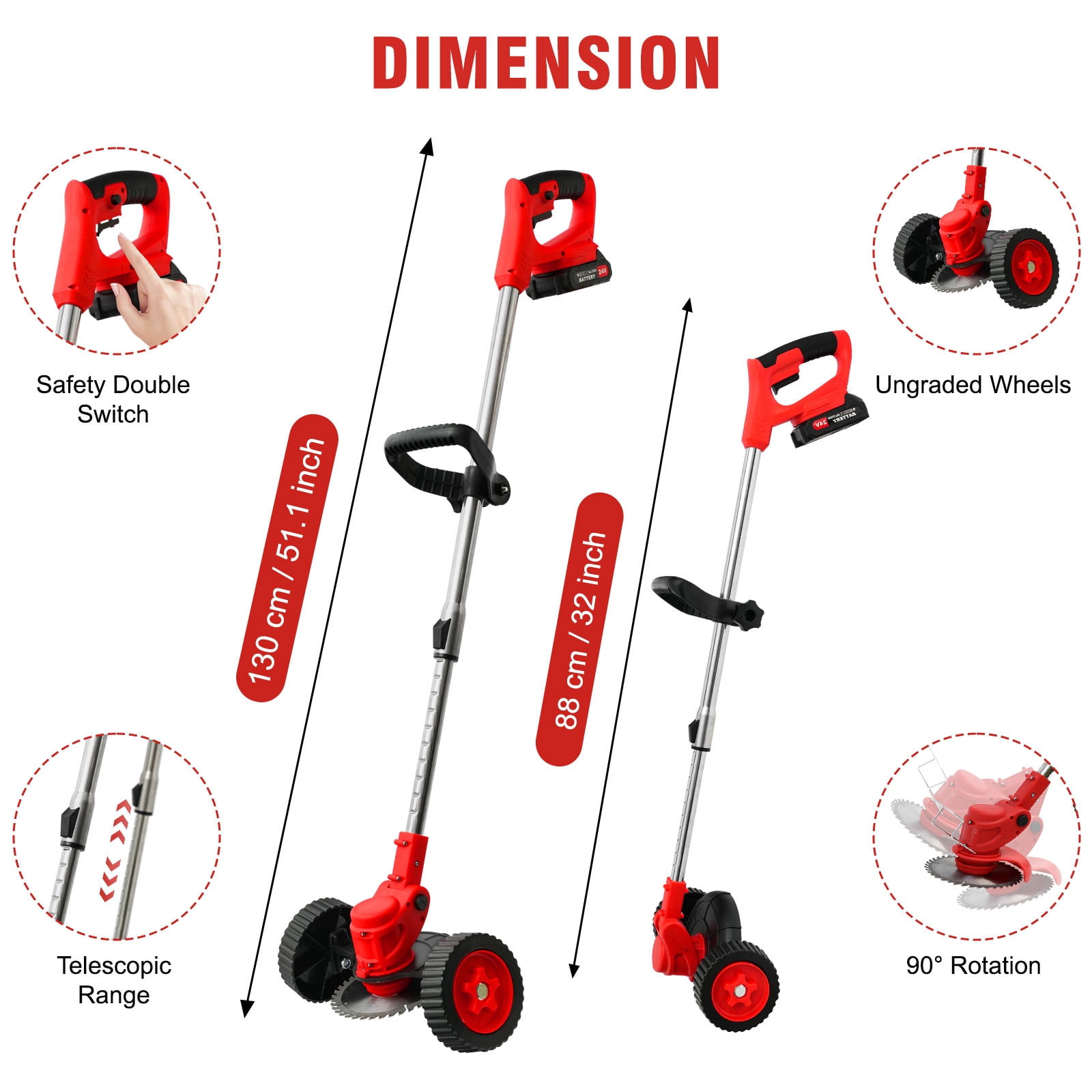 GiftGalore 24V Cordless String Trimmer, 2-in-1 Weed Wacker & Brush Cutter with 2×1300mAh Batteries & Charger, Telescopic Handle with 90° Rotating Head, Wheels & Goggles Included, Red