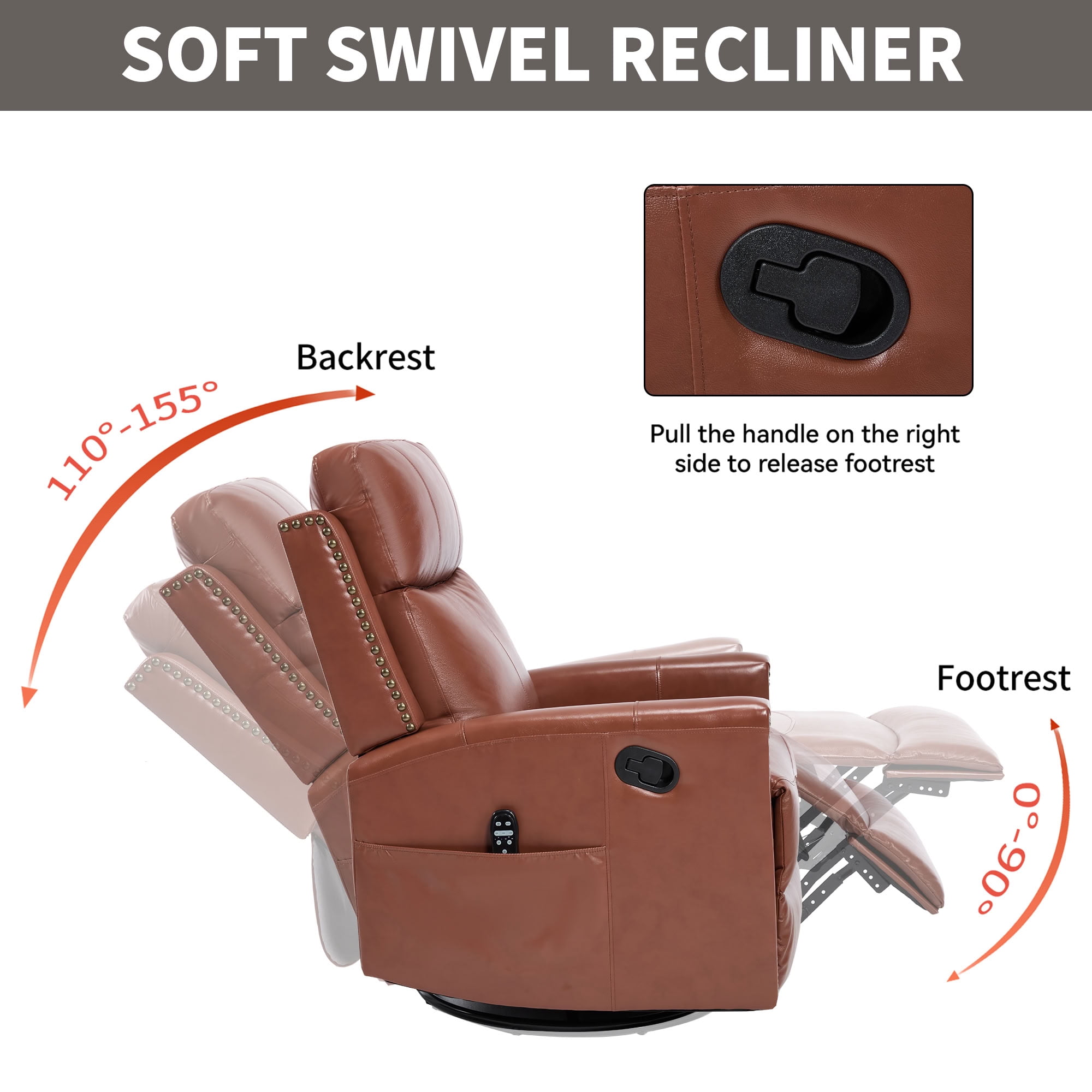 MAYEERTY Genuine Leather Swivel Recliner Chair, Manual Rocker Lounge Chair with 8-Point Massage & Lumbar Heat, for Living Room Home Theater