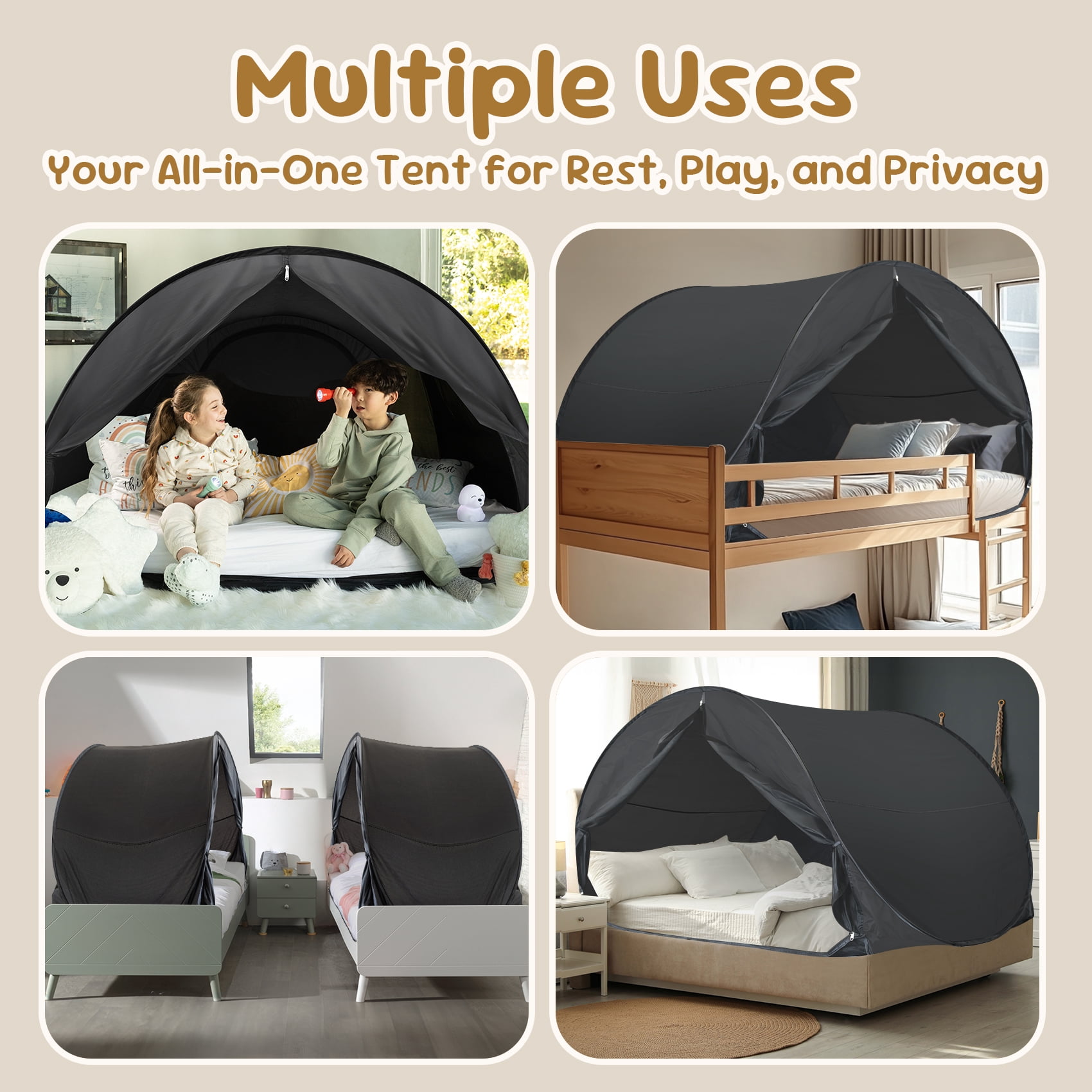 Bed Tent Full Size, Leedor Pop-Up Sleep Canopy Privacy Light-Blocking Bed Shelter with Mosquito Mesh Sleeping Tent for Kids and Adults Black