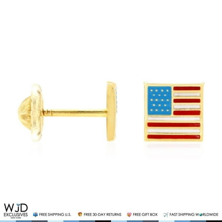 14k Gold Enamel American Flag - 14K Solid Yellow Gold Enamel American Flag July Fourth Screwback Stud Earrings