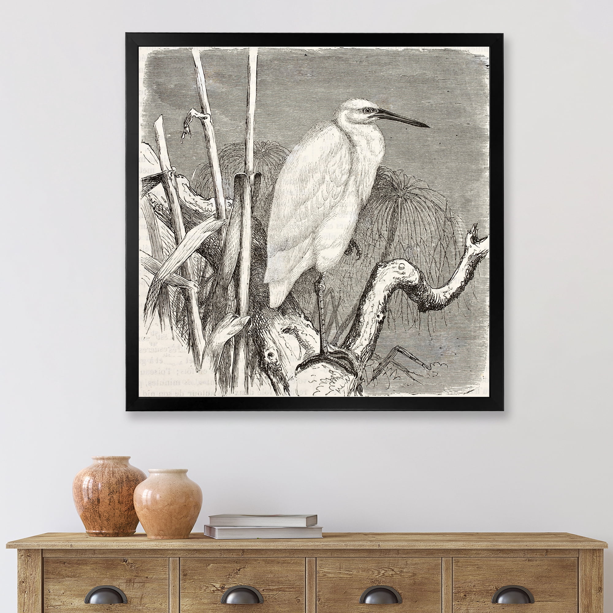 Designart 'Little Egret Bird in Monochrome' Farmhouse Framed Art Print