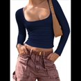 thumbnail image 3 of Camisas de Larga para Mujer, Tops Cortos, Moda de Otoño 2025, Cuello Cuadrado, Camisetas Básicas para Salir, Ropa Y2K Azul Marino M, 3 of 7