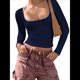 thumbnail image 3 of Camisas de Larga para Mujer, Tops Cortos, Moda de Otoño 2025, Cuello Cuadrado, Camisetas Básicas para Salir, Ropa Y2K Azul Marino S, 3 of 7