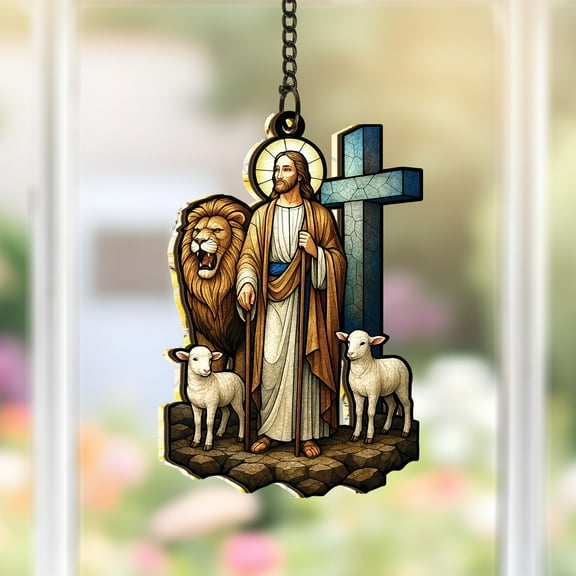 Lotusprinthandmade Jesus Lion and Lamb Custom Shape Window Hanging Suncatcher 3.5in, religious jesus suncatcher, spiritual decor window charm