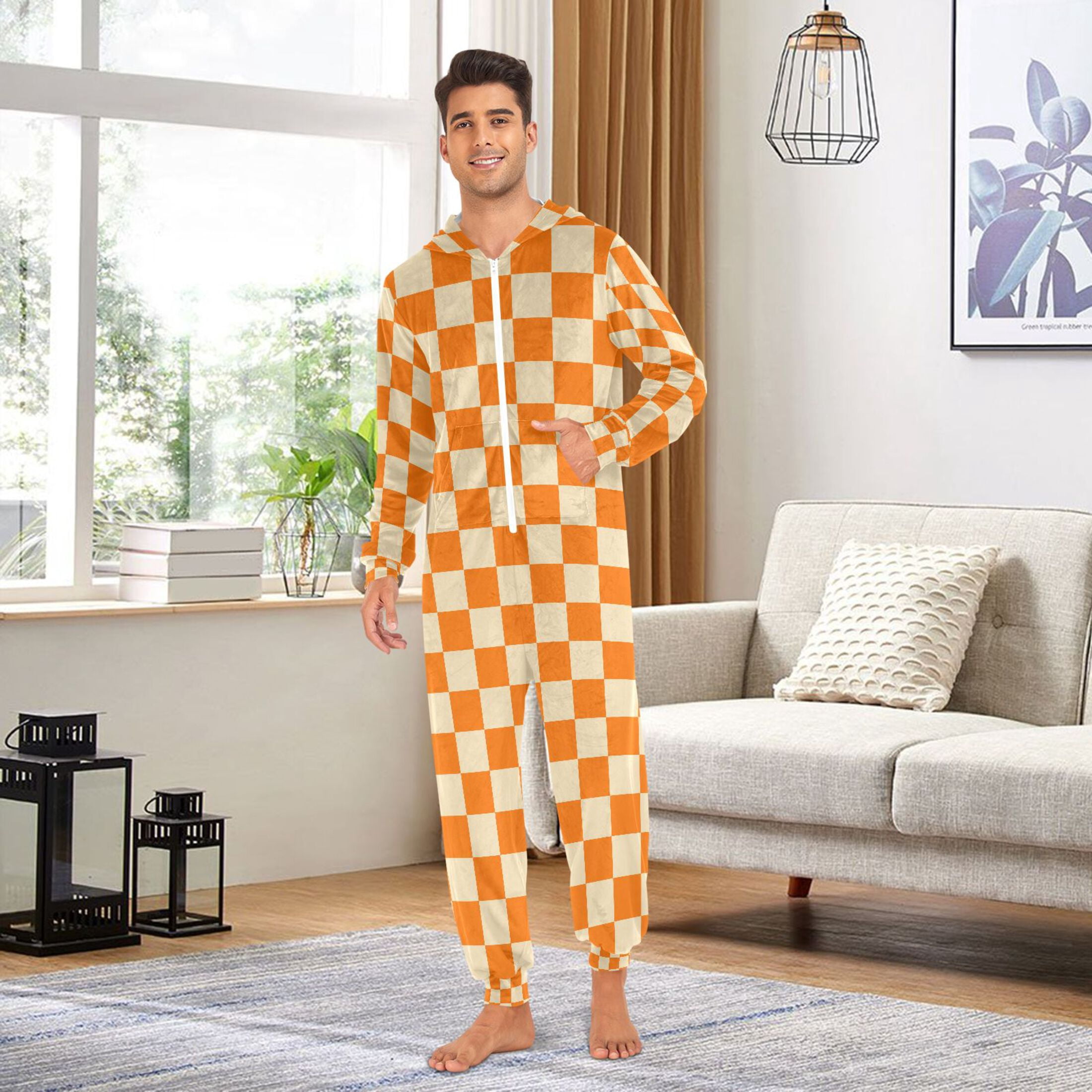 Adult Christmas Onesie Orange Yellow Checked Adult Zipper One-Piece Pajamas Unisex Pajamas with Pockets