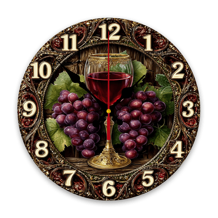 1pc Vintage Wine Grape Wall Clock 10 Inch - Silent Non-Ticking Large Face with Wine Theme Grape Cluster Hands, Wood Frame, Battery- (AA Required, Not Included) for Nursery, Kitchen, Bedroom, L