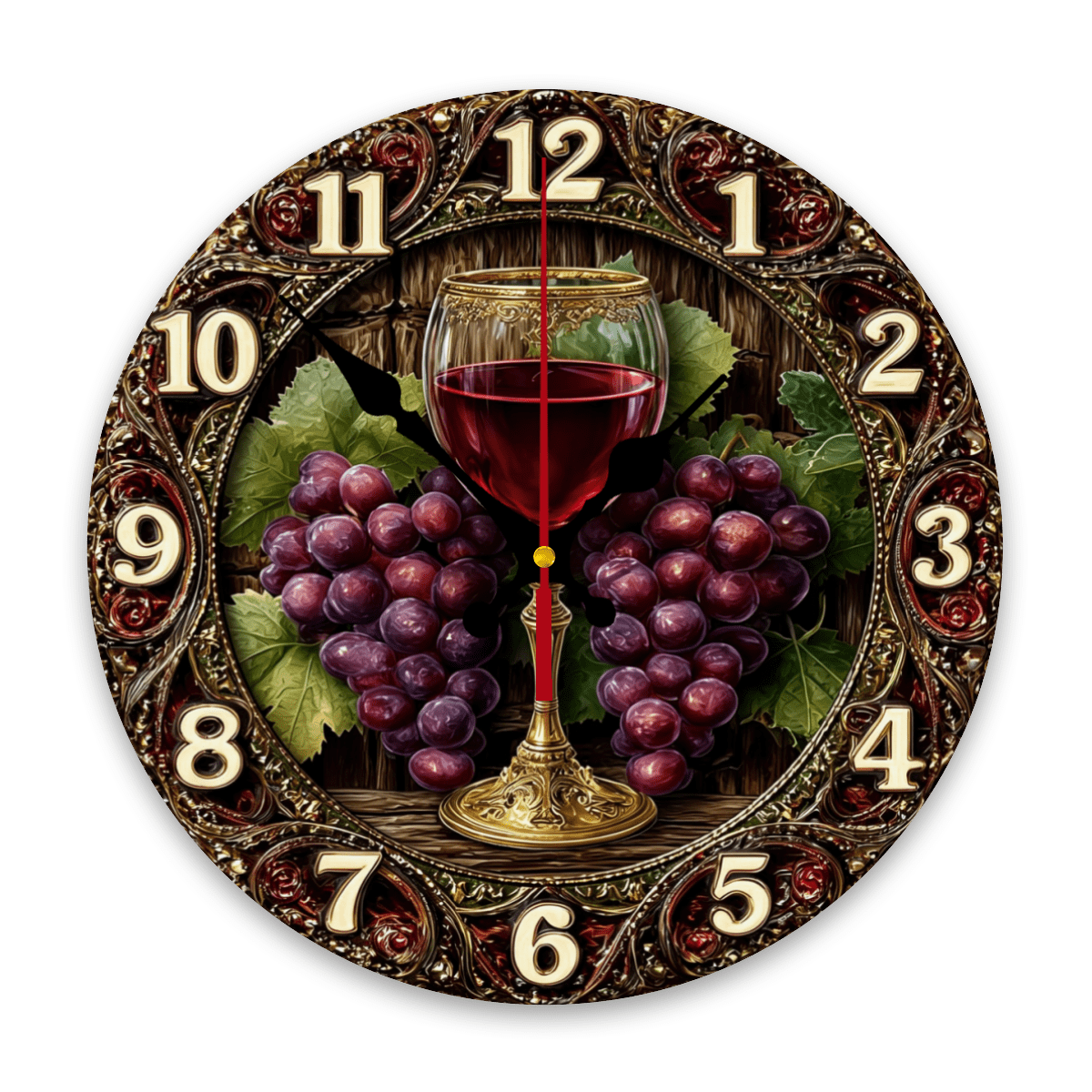 1pc Vintage Wine Grape Wall Clock 10 Inch - Silent Non-Ticking Large Face with Wine Theme Grape Cluster Hands, Wood Frame, Battery- (AA Required, Not Included) for Nursery, Kitchen, Bedroom, L