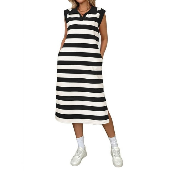 Womens Striped Summer A Line Dress Casual Cap Sleeve Lapel Neck T Shirt Dresses with Pockets Black S