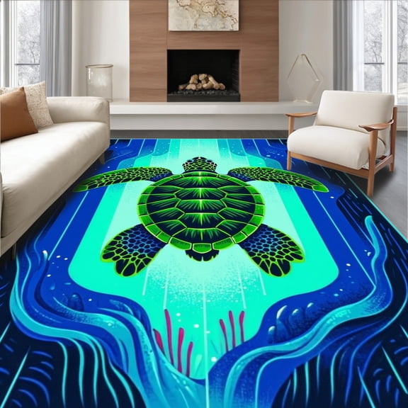 Flatwoven High Traffic Area Rug, Vibrant Underwater Scene Motif, Non Slip, Stain Resistant, Washable Area Rugs for Living Room, Bedroom(Blue, 4X6)