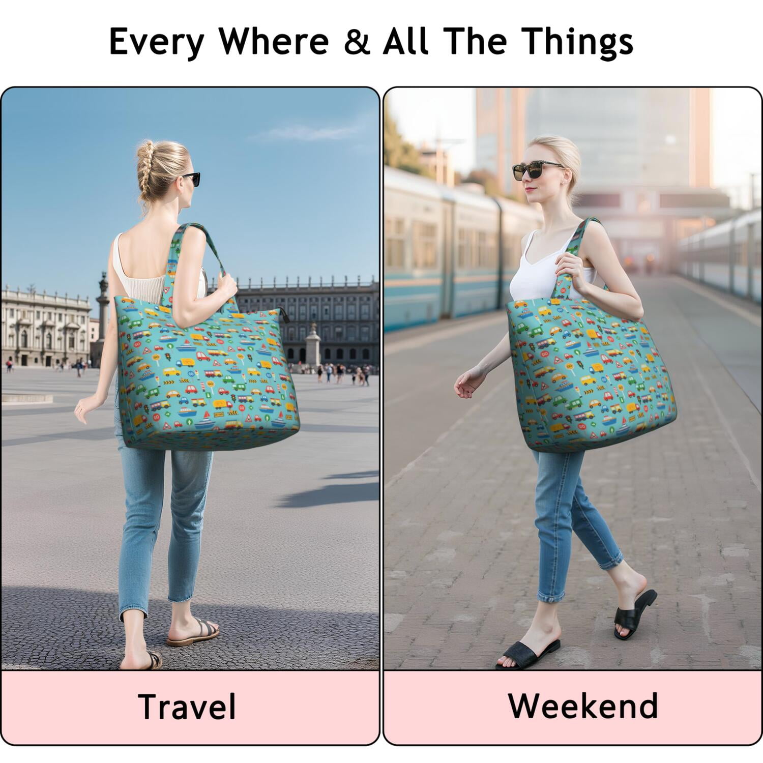 Cartoon Traffic Vehicles Boats Light Blue Pattern Travel Tote Bags for Women Carry On,Large Weekender Bags for Women Travel,Multi Functional Duffle Bag for Work,Shopping,Sports
