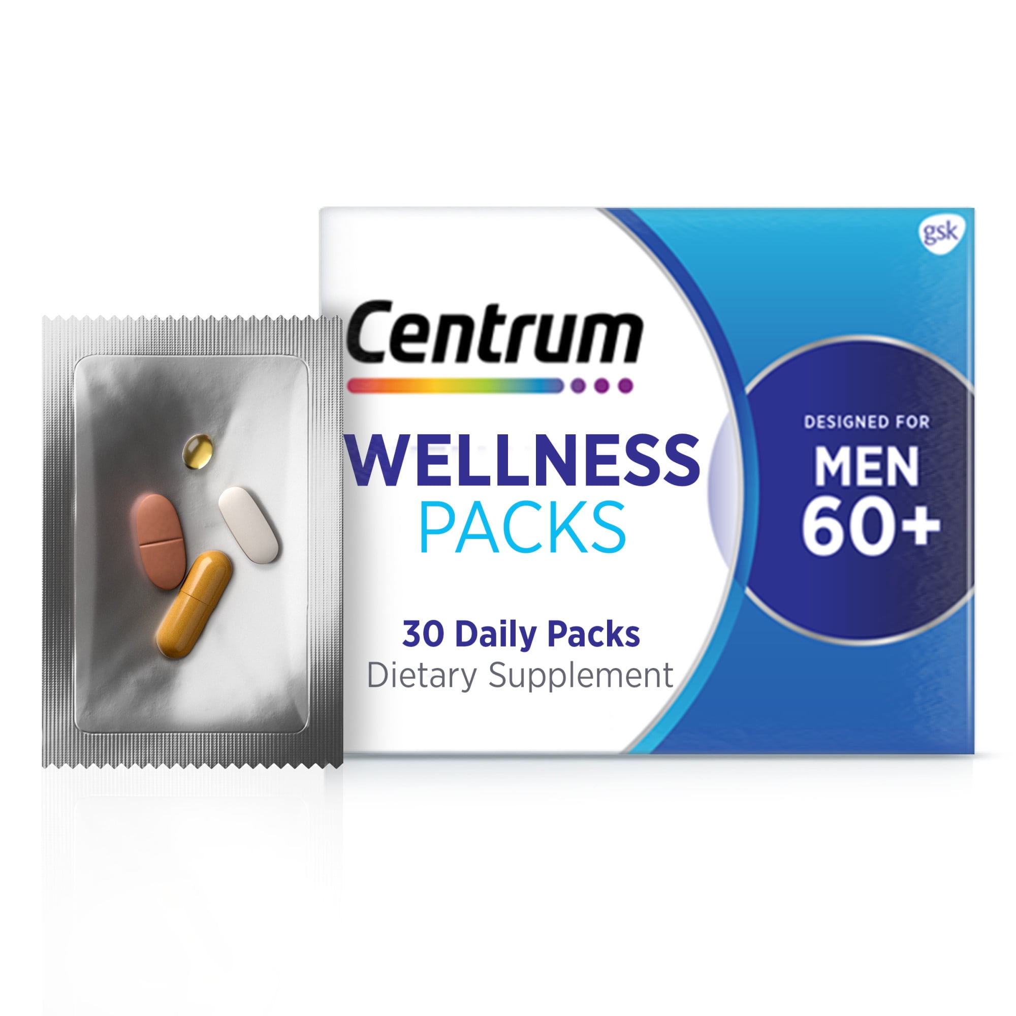 Centrum Wellness Packs Daily Vitamins for Men In Their 60S, Complete Multivitamin, Vitamin D3 25Mcg, Msm 1000Mg, Turmeric Complex - 30 Packs/1 Month Supply
