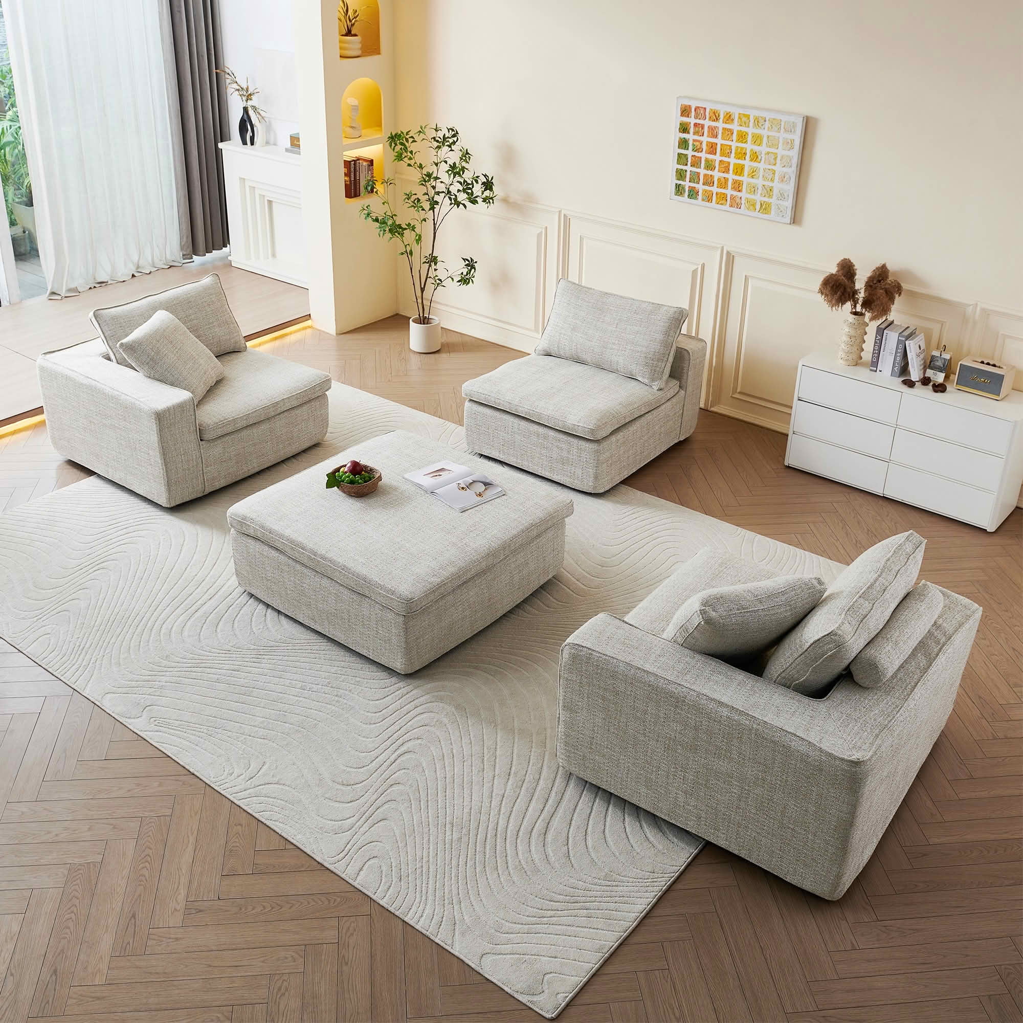 MAYEERTY 131in 4-Seater Cloud Couch with Ottoman, Washable Linen Cover, Pocket Springs & Compressed Delivery，Beige