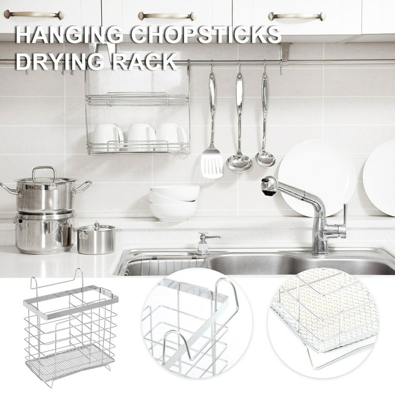 KESOL Sturdy 304 Stainless Steel Utensil Drying Rack Basket Holder with  Hooks 3 Divided Compartments, Rust Proof, No Drilling