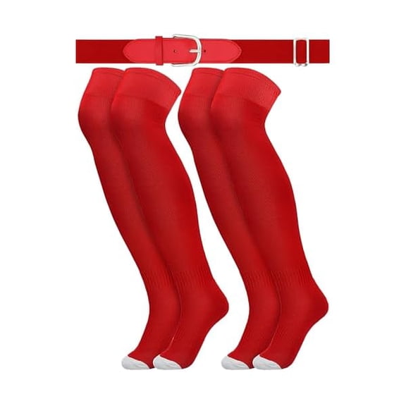 Eryueer3 Pcs Red Baseball Belt and Socks Combo Youth Over Knee Sock Red Athletic Stockings Men's Baseball Belts Softball Belt for Boys Girls