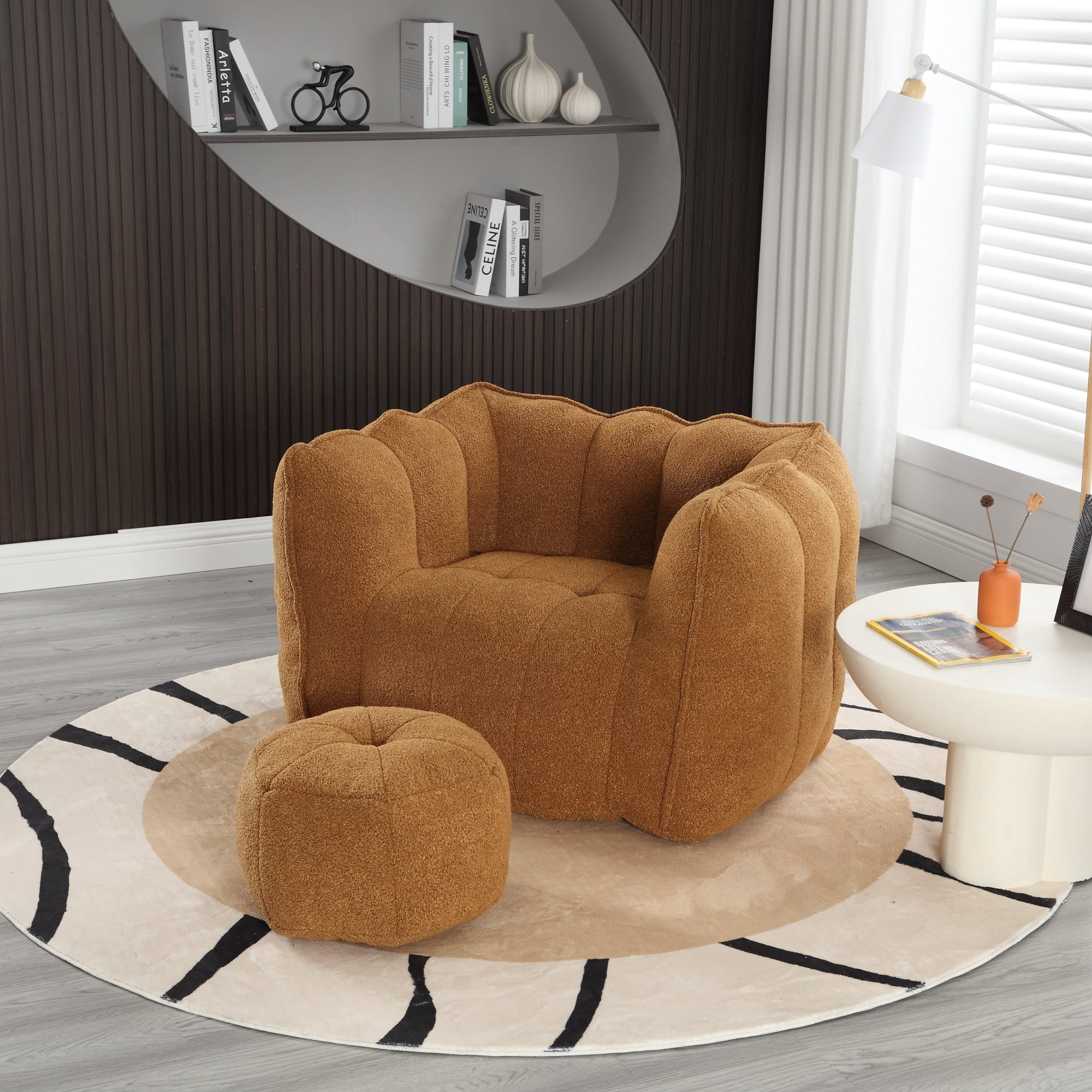 Leumius Soft Bean Bag Chair with High Resilient Foam(Chips)for Living Room and Bedroom,Comfortable Square Lazy Sofa with Footstool for Adults to Gaming, Reading and Watching TV Khaki