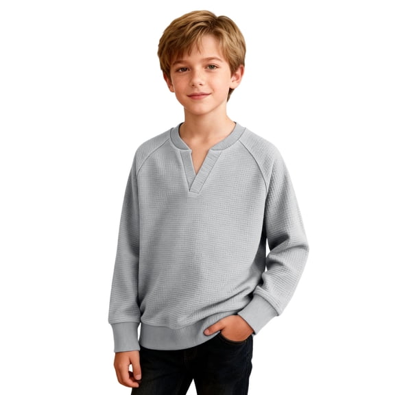 FAHXNVB Boys' Waffle Knit Henley T-Shirts Button Front Solid Color Long Sleeve Casual Tees Tops Trendy Comfortable Shirts 4-14 Years