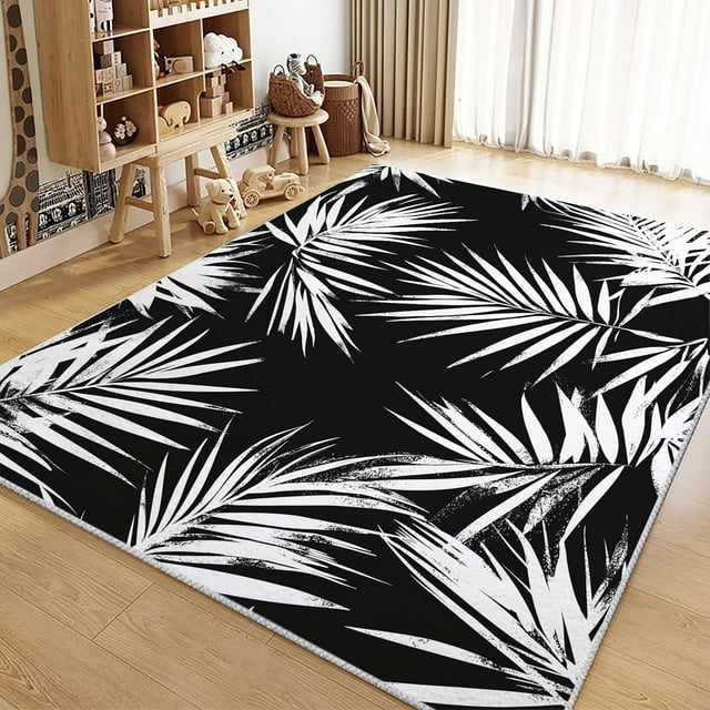 Area Rug for Living Room 5x8 ft Palm Leaves Black White Machine Washable Non-Slip Rugs, Soft Accent Rugs, Lightweight Carpet, Foldable Easy Care, Stylish Indoor Area Rug