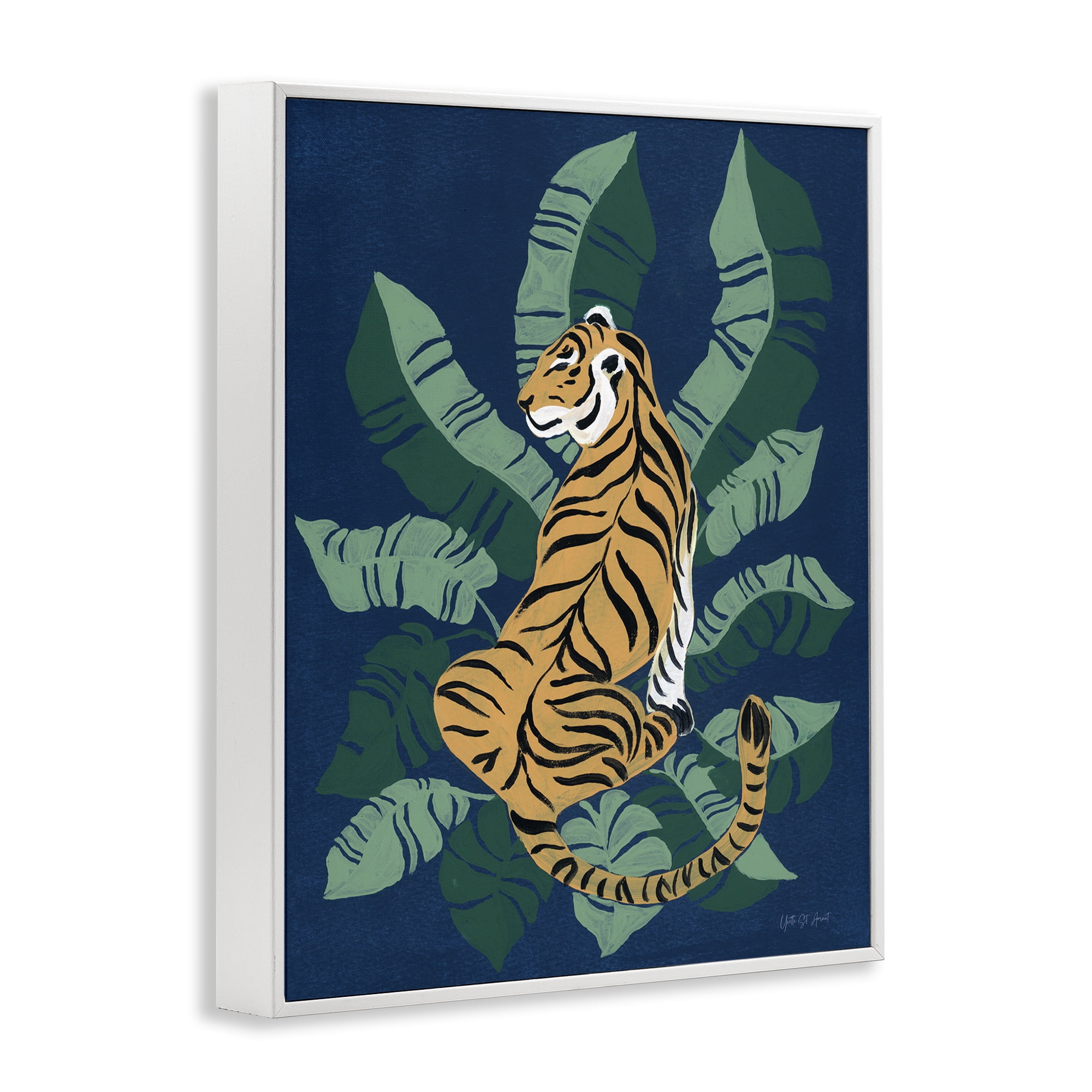 Stupell Industries Tiger Sitting over Palms Animals & Insects Painting White Framed Art Print Wall Art, 24 x 30