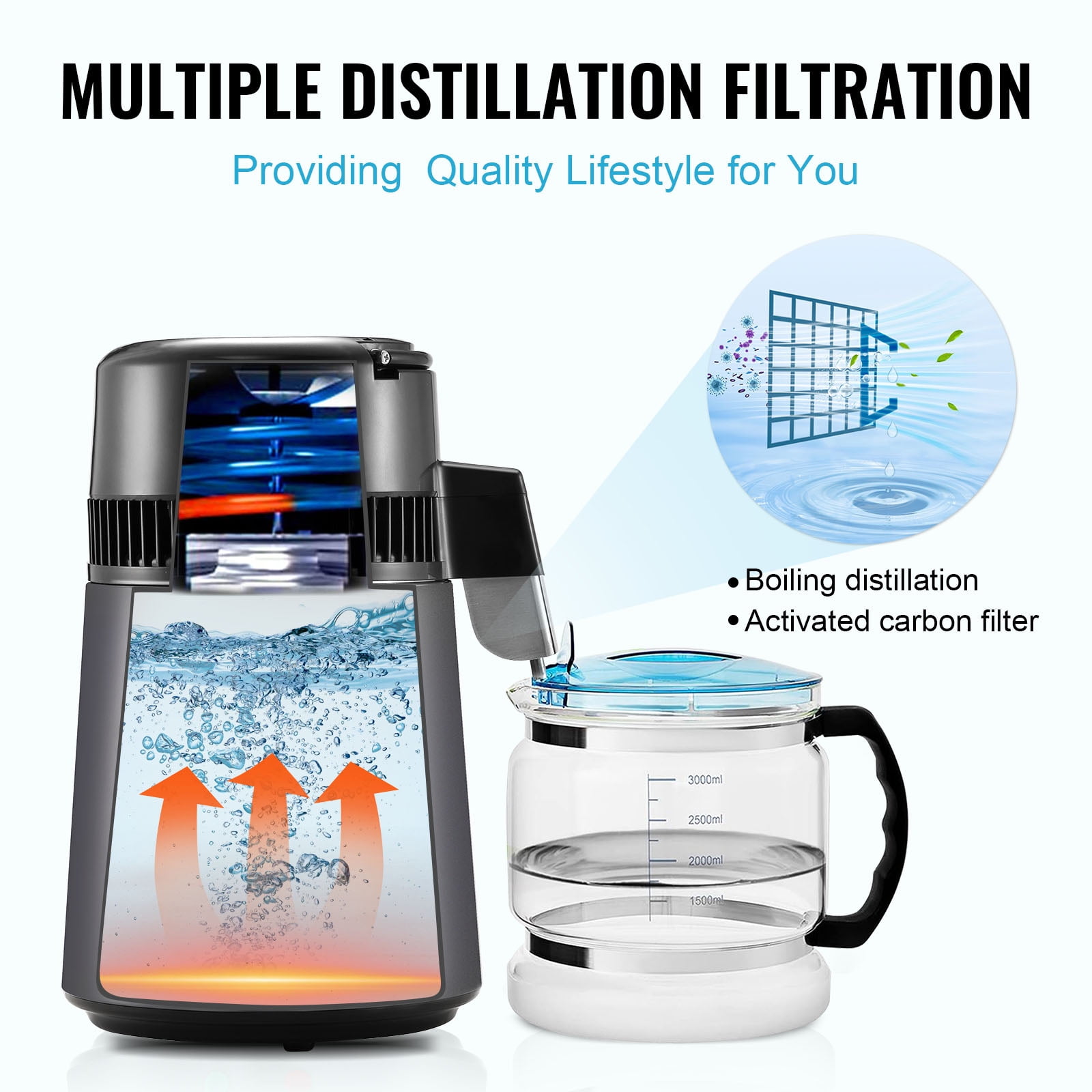 KFFKFF Water Distiller, 4L Capacity for Home Use, 750W Power, Stainless Steel Inside, Countertop Water Filtration System, Produces Pure Distilled Water, Grey
