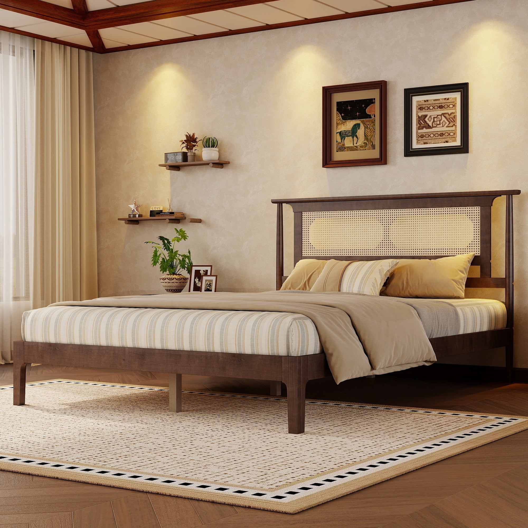 Mintazer Vintage Queen Size Pinewood Platform Bed Frame with Rattan Headboard for Bedroom,No Box Spring Needed, Walnut