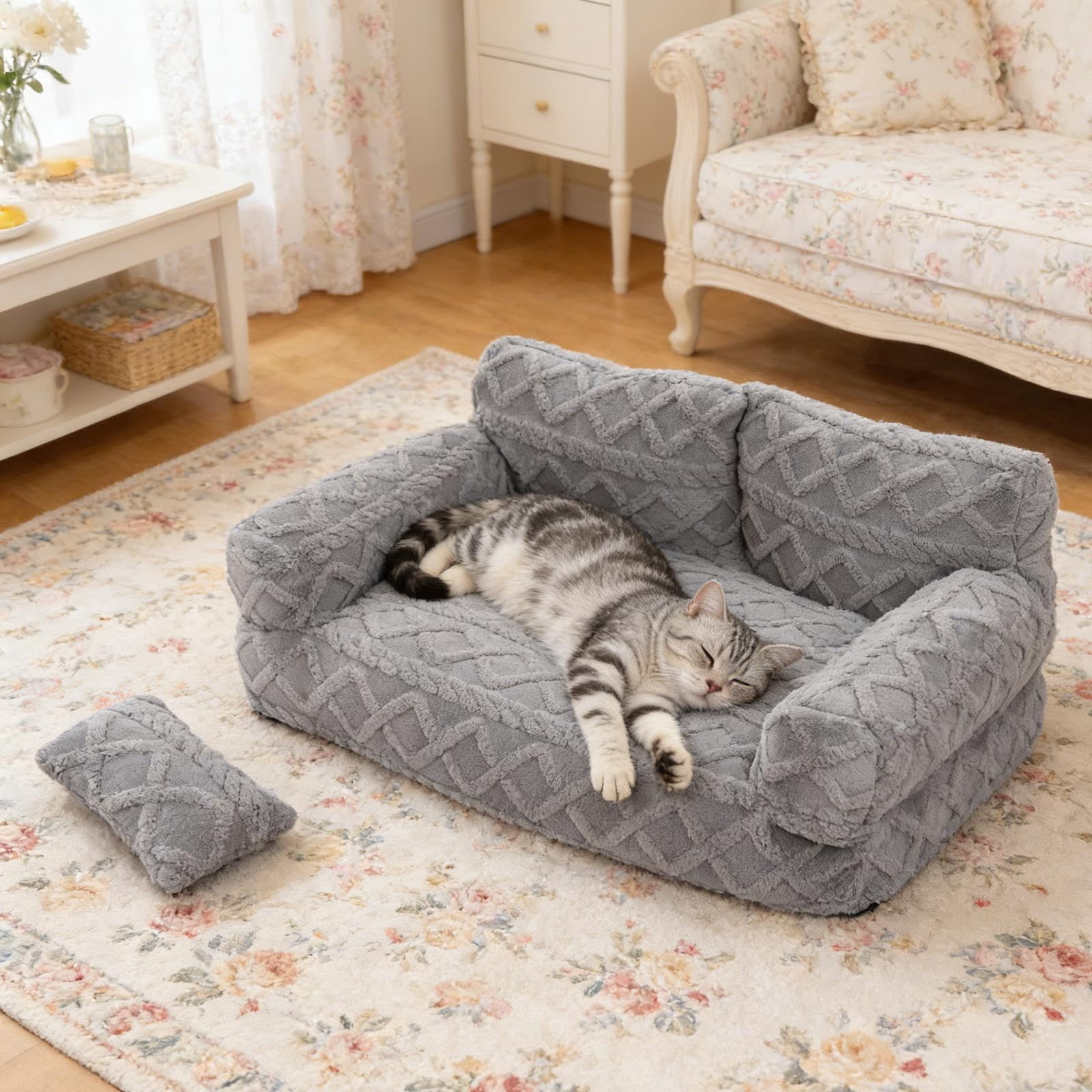 Orthopedic Pet Sofa Bed Removable Washable Plush Cushion Supportive Calming Sleeping Couch for Small Medium Dog Cat Indoor Rest Gray - M