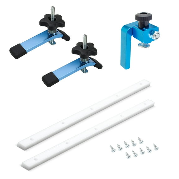 POWERTEC Table Saw Sled Kit, 3/4" x 3/8" x 17" Predrilled Crosscut Sled Miter Bar with Screws & 5-1/2" T Track Clamp & 3" T Track Flip Stop, Table Saw Accessories for Woodworking (72218N)