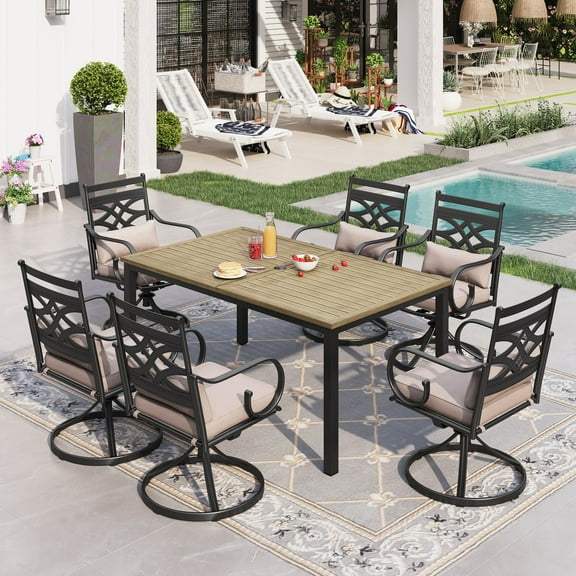 Sophia & William 7-Piece Outdoor Patio Dining Set Cushioned Swivel Chairs and Wood-grain Table Set