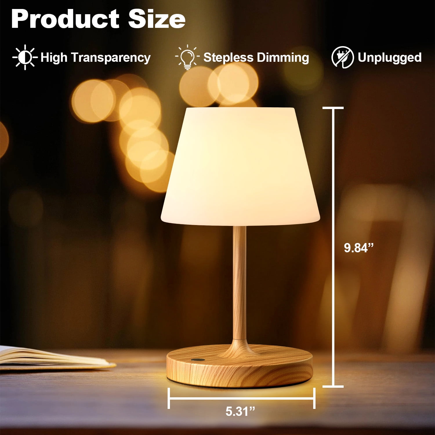 Walchoice Cordless Table Lamp Rechargeable, Outdoor Operated Shower Lamp Waterproof, Touch Dimmable Desk Lamp for Bedroom Patio Restaurant Home - Wood Grain